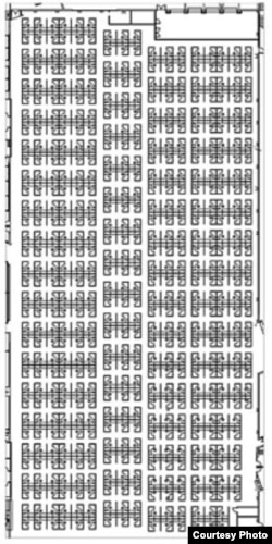 This is an actual floor plan of an office cubicle layout in a really large, open office. One wonders whether “pink noise” would be enough to stifle distracting sounds in such a setting. (Newell Post, Wikipedia Commons)