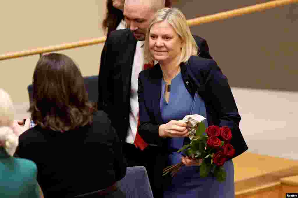 Current Finance Minister and Social Democrat leader Magdalena Andersson is congratulated after being appointed as the country&#39;s new prime minister following a voting at the Swedish Parliament Riksdagen in Stockholm.&nbsp;Hours after being tapped as Sweden&rsquo;s first female prime minister, though, Andersson resigned after suffering a budget defeat in parliament.