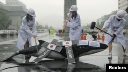 Environmental activists demonstrate with a mock whale, during a protest against the plans of the South Korean government to resume hunting whales for research purpose, in central Seoul, July 6, 2012. 