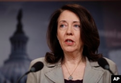 FILE - Sen. Maria Cantwell, D-Wash., speaks during a news conference on Capitol Hill in Washington, May 24, 2017.