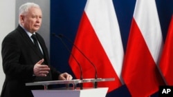 Jaroslaw Kaczynski, the leader of the ruling Law and Justice Party speaks at a news conference in Warsaw, Poland, March 13, 2017. 