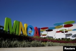 The logo of the 17th Non-Aligned Summit is seen at the entrance of the Venetur Hotel Convention Center in Porlamar, Venezuela, Sept. 15, 2016.