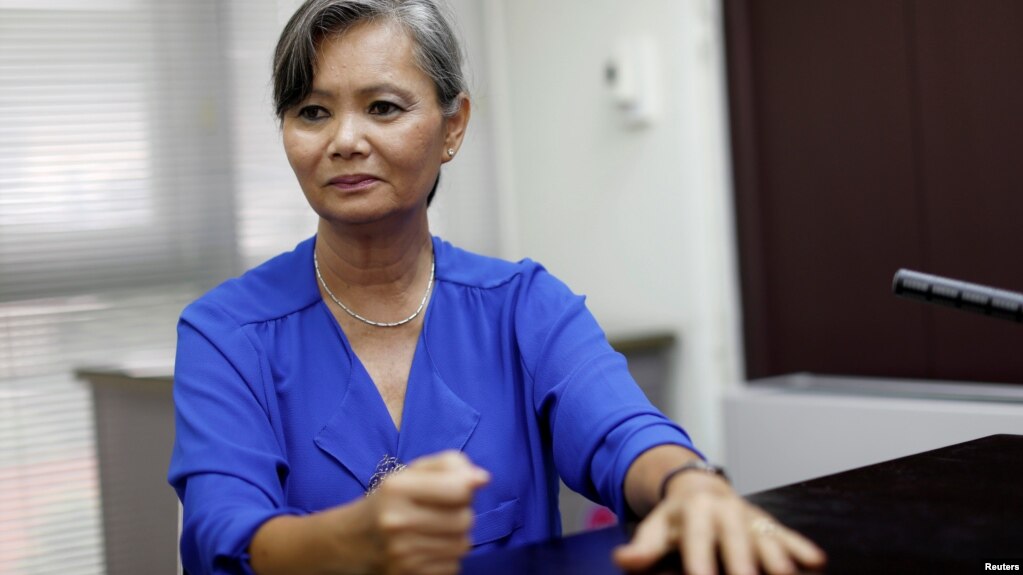 Mu Sochua, Deputy President of the Cambodia National Rescue Party (CNRP) listens during an interview with Reuters at an undisclosed location, Oct. 4, 2017. 