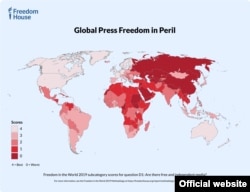 국제 인권단체 프리덤하우스가 최근 공개한 세계 언론 자유 지도. 붉을 수록 언론 자유 실태가 열악한 나라다.