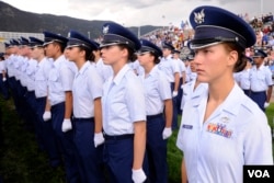 Cadet 4th Class Chelsea Renfro stands at attention during the Class of 2014 Acceptance Day ceremony at the Air Force Academy, Aug. 4, 2010. (Mike Kaplan/U.S. Air Force)