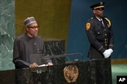 Nigerian President Muhammadu Buhari addresses the 73rd session of the United Nations General Assembly, Sept. 25, 2018 at U.N. headquarters.