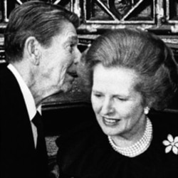 President Reagan speaks to Britain's Prime Minister Margaret Thatcher in London on June 7, 1984