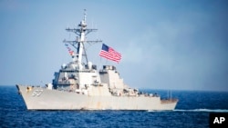 FILE - U.S. Navy destroyer USS Stethem transits waters east of the Korean Peninsula, March 22, 2017. The United States sent two Navy ships, the Stethem and Navy cargo and ammunition ship Cesar Chavez, through the Taiwan Strait on Monday.