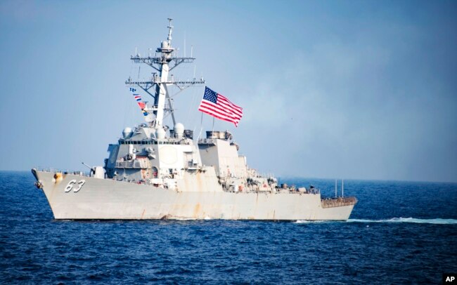 FILE - U.S. Navy destroyer USS Stethem transits waters east of the Korean Peninsula during a photo exercise including the U.S. Navy and South Korean Navy during the Operation Foal Eagle.