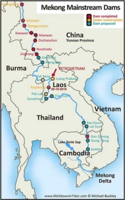Trung Quốc đã hoàn tất 11 con đập dòng chính trên sông Lancang-Mekong thượng nguồn. Lào đã hoàn tất 2 con đập dòng chính Xayaburi và Don Sahong. Dự án Luang Prabang 1410 MW lớn nhất sẽ là con đập thứ 3 trong chuỗi 9 con đập dòng chính của Lào và điều rất nghịch lý là do PetroVietnam Power Co. là chủ đầu tư và nằm trong vùng động đất bắc Lào. Xayaburi, đã bắt đầu vận hành từ ngày 29.10.2019 trên một khúc sông đang thiếu nước và cạn kiệt. [nguồn: Michael Buckley, Ngô Thế Vinh cập nhật 2020]