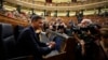 Le Premier ministre espagnol Pedro Sanchez au Parlement à Madrid, le13 février 2019. M. Sanchez a fait du féminisme un des piliers de l'action de son gouvernement. (AP Photo/Manu Fernandez)