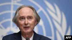 FILE - U.N. Special Envoy to Syria Geir Pedersen attends a press conference at U.N. offices in Geneva, Switzerland, Aug. 27, 2020.