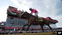 Flavien Prat atop Rombauer crosses the finish line to win the Preakness Stakes horse race at Pimlico Race Course, May 15, 2021, in Baltimore. 