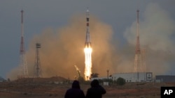 The Soyuz rocket booster with Soyuz MS-02 space ship carrying a new crew to the International Space Station, ISS, blasts off in Russian leased Baikonur cosmodrome, Kazakhstan, on Wednesday, Oct. 19, 2016.