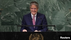 El presidente de Ecuador, Guillermo Lasso, toma la palabra en el 77° período de sesiones de la Asamblea General de las Naciones Unidas en la sede de la ONU en la ciudad de Nueva York, EEUU, el 21 de septiembre de 2021.
