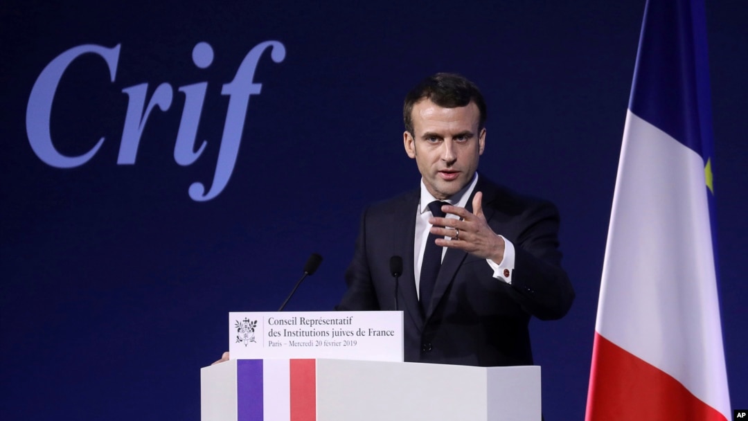France's President Emmanuel Macron gives a speech during the 34rd annual dinner of the group CRIF, Representative Council of Jewish Institutions of France, in Paris, Feb. 20, 2019.