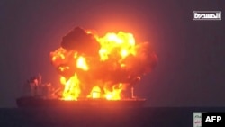 This image grab from a video released on Aug. 23, 2024 by Yemen's Huthi Ansarullah Media Center, shows what they say is the Greek-owned oil tanker Sounion which they reportedly hit by three projectiles on Aug. 21, 2023.