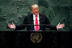 FILE - President Donald Trump addresses the 73rd session of the U.N. General Assembly, at U.N. headquarters, Sept. 25, 2018.