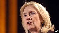 US Secretary of State Hillary Clinton addresses the National Democratic Institute's 2011 Democracy Awards Dinner in Washington, November 7, 2011.