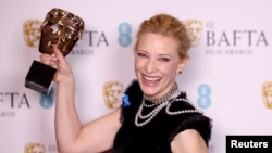 Cate Blanchett poses with her award for Best Leading Actress for 'Tar' during the 2023 British Academy of Film and Television Arts (BAFTA) Film Awards at the Royal Festival Hall in London, Feb. 19, 2023.