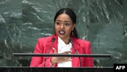 Mayada Adil, Young Leader for the Sustainable Development Goals, speaks at the opening session of the second Sustainable Development Goals Summit in New York City on September 18, 2023, ahead of the 78th UN General Assembly.