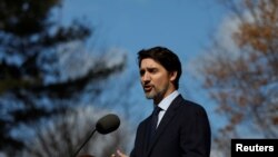 Canada's Prime Minister Justin Trudeau holds a news conference at Rideau Cottage in Ottawa, Ontario, March 13, 2020. 