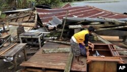 Seorang warga Filipina berdiri di atas puing-puing rumahnya yang hancur akibat hantaman topan Bopha yang melanda negeri itu (Foto: dok).