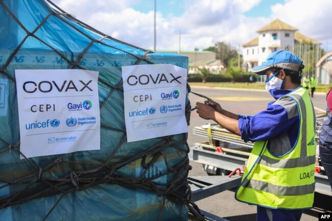 FILE - A worker handles boxes of COVID-19 vaccines, delivered as part of the COVAX equitable vaccince distribution program, at Ivato International Airport, in Antananarivo, Madagascar, May 8, 2021.