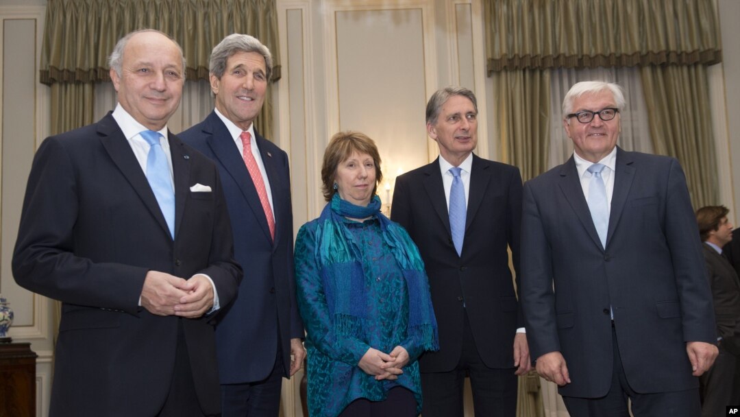 From left, French Foreign Minister Laurent Fabius, U.S. Secretary of State John Kerry, former E.U. Foreign Policy Chief Catherine Ashton, British Foreign Secretary Philip Hammond and German Foreign Minister Frank-Walter Steinmeier in Vienna, Austria, Nov. 23, 2014.