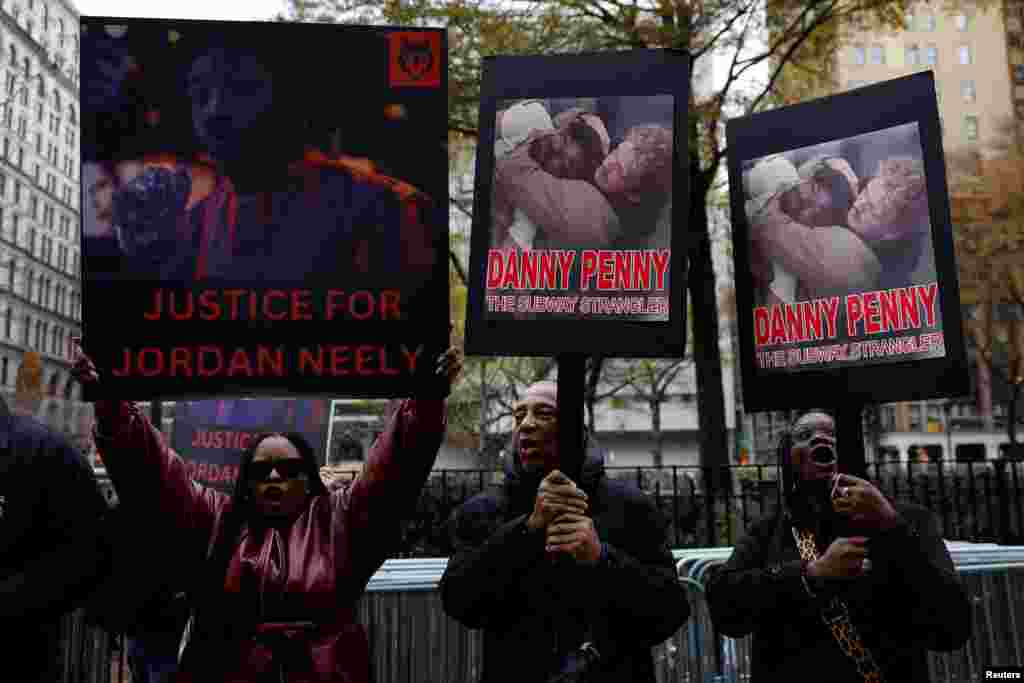 People demonstrate outside Manhattan Criminal Court on the day a jury continues deliberations in the trial of Daniel Penny, the former U.S. Marine sergeant facing charges of manslaughter and criminally negligent homocide for fatally strangling Jordan Neely, a homeless man, on a New York City subway car in 2023, in New York City. Penny was found not guilty of criminally negligent homicide in Neely&#39;s death.