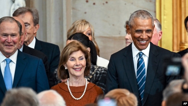 Former President George W. Bush, from left, his wife Laura Bush and former President Barack Obama arrive before the 60th Presidential Inauguration in the Rotunda of the U.S. Capitol in Washington, Jan. 20, 2025.