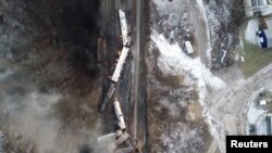 FILE - Drone footage shows the freight train derailment in East Palestine, Ohio, US, Feb. 6, 2023 in this screengrab obtained from a handout video released by the NTSB.