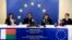 Members of the European Union Election Observation Mission in Madagascar, Peggy Corlin (L), Philippe Boulland (2nd L), Maria Muniz de Urquiza (2nd R), and Sandrine Espinoza, speak to journalists during a press conference concerning election results in Ant