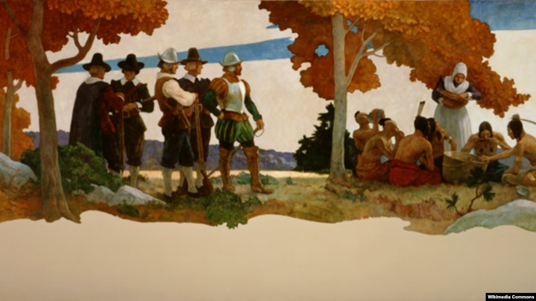 Slika iz 1940-te, umetnika Njuela Konversa, prikazuje prvi festival žetve u Plimutu koji se u današnje vreme slavi kao Dan zahvalnosti.