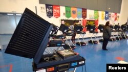 Voting machines are set up for people to cast their ballots during voting in the 2016 presidential election at Manuel J. Cortez Elementary School in Las Vegas, Nevada, Nov. 8, 2016.