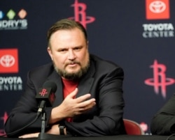 FILE - A July 26, 2019, file photo shows Houston Rockets General Manager Daryl Morey during an NBA basketball news conference in Houston. Morey is reportedly stepping down according to The Associated Press.