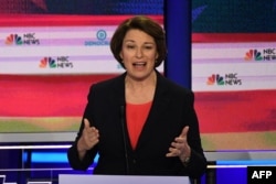 FILE - Democratic presidential hopeful U.S. Senator from Minnesota Amy Klobuchar speaks during the first Democratic primary debate of the 2020 presidential campaign in Miami, June 26, 2019.