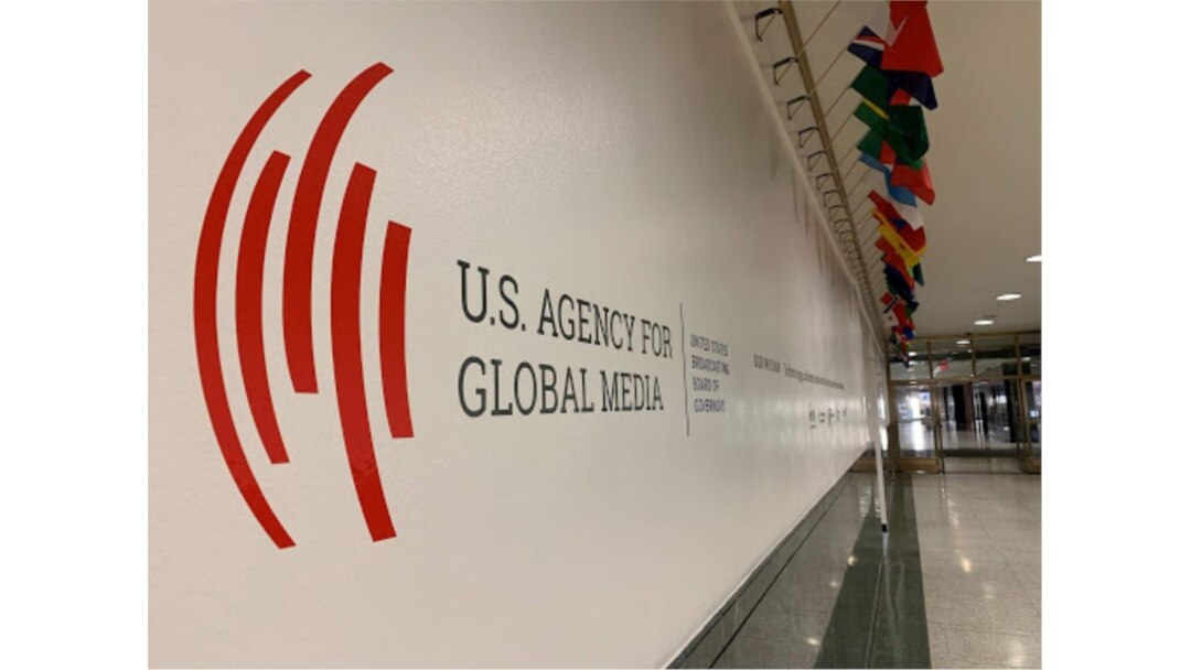 FILE - The U.S. Agency for Global Media logo at Voice of America, in Washington, D.C., Nov. 22, 2019. (VOA)