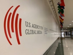 FILE - The U.S. Agency for Global Media logo at Voice of America, in Washington, Nov. 22, 2019.