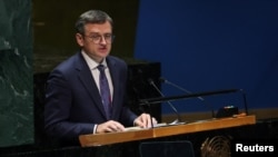 Ukrainian Foreign Minister Dmytro Kuleba addresses the United Nations General Assembly during a meeting ahead of the second anniversary of the Russian invasion of Ukraine, at the U.N. headquarters in New York on Feb. 23, 2024.