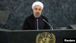 Presiden Iran Hassan Rouhani memberikan pidato di depan sidang umum PBB di New York (24/9). Rouhani batal bertemu Obama seperti harapan banyak pihak. 