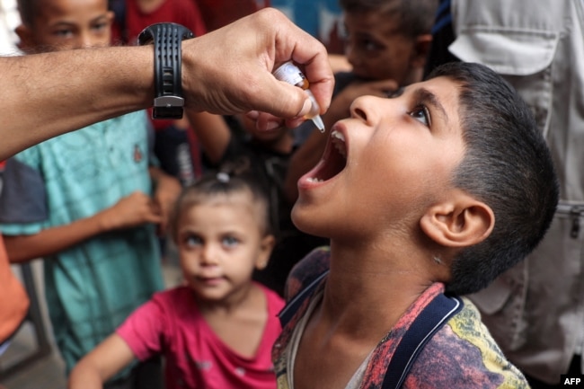 Un niño recibe una vacuna contra la polio en Deir el-Balah, en el centro de la Franja de Gaza, el 4 de septiembre de 2024, en medio de la guerra en curso en el territorio palestino entre Israel y Hamás.