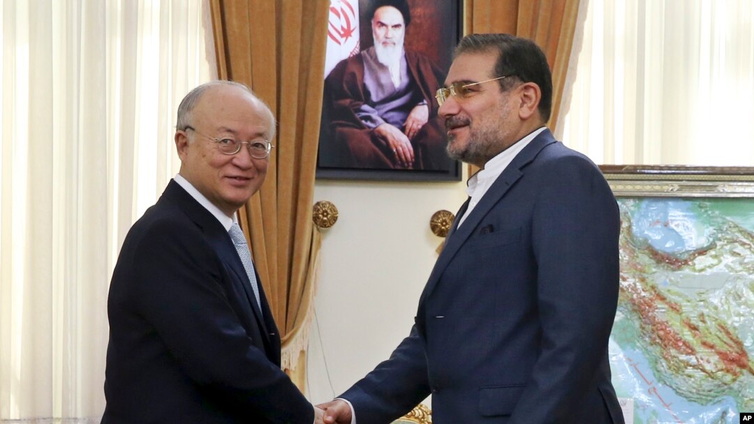 Sekretaris Dewan Keamanan Nasional Iran Ali Shamkhani (kanan) menyambut Direktur Jenderal Badan Energi Atom Internasional (IAEA) Yukiya Amano pada pertemuan di Teheran (2/7). (AP Photo/Vahid Salemi)