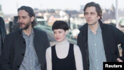 Director Fede Alvarez and cast members Claire Foy and Sverrir Gudnason attend a photo call for the shooting of the new Millennium series film "The Girl in the Spider's Web" in Stockholm, Sweden, April 13, 2018. 