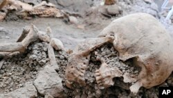 اسکلت‌های کشف شده زیر یک دیوار فروریخته در سایت باستان‌شناسی پمپئی 