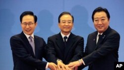 13일 중국 베이징 인민대회당에서 열린 제5차 한중일 정상회의에 앞서 손을 맞잡고 기념 촬영을 하는 이명박(좌) 한국 대통령, 원자바오(중앙) 중국 총리, 노다 요시히코(우) 일본 총리