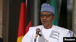 FILE: Nigerian President Muhammadu Buhari speaks at the State House in Abuja, Nigeria. Taken February 11, 2016.