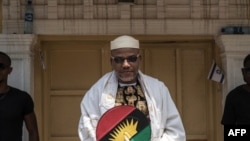 FILE - Political activist and leader of the Indigenous People of Biafra movement, Nnamdi Kanu is seen outside his house in Umuahia, southeast Nigeria, May 26, 2017. 