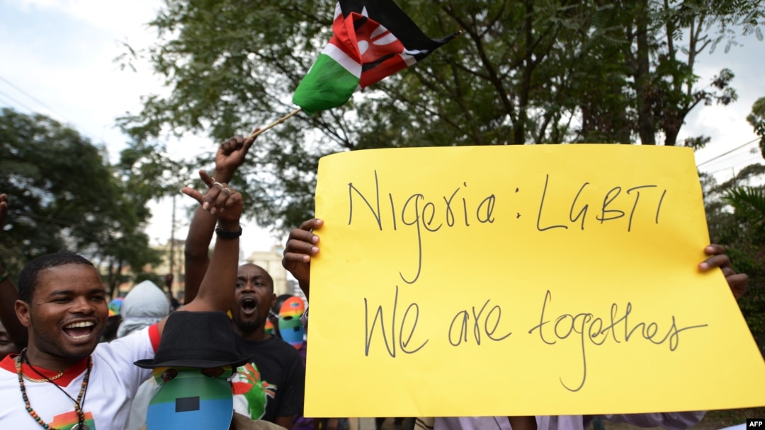 FILE - Kenyan gay and lesbian organisations demonstrate outside the Nigerian High Commission in Nairobi on February 7, 2014.