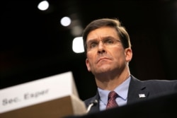 Defense Secretary Mark Esper testifies to the Senate Armed Services Committee about the budget, March 4, 2020, on Capitol Hill in Washington.